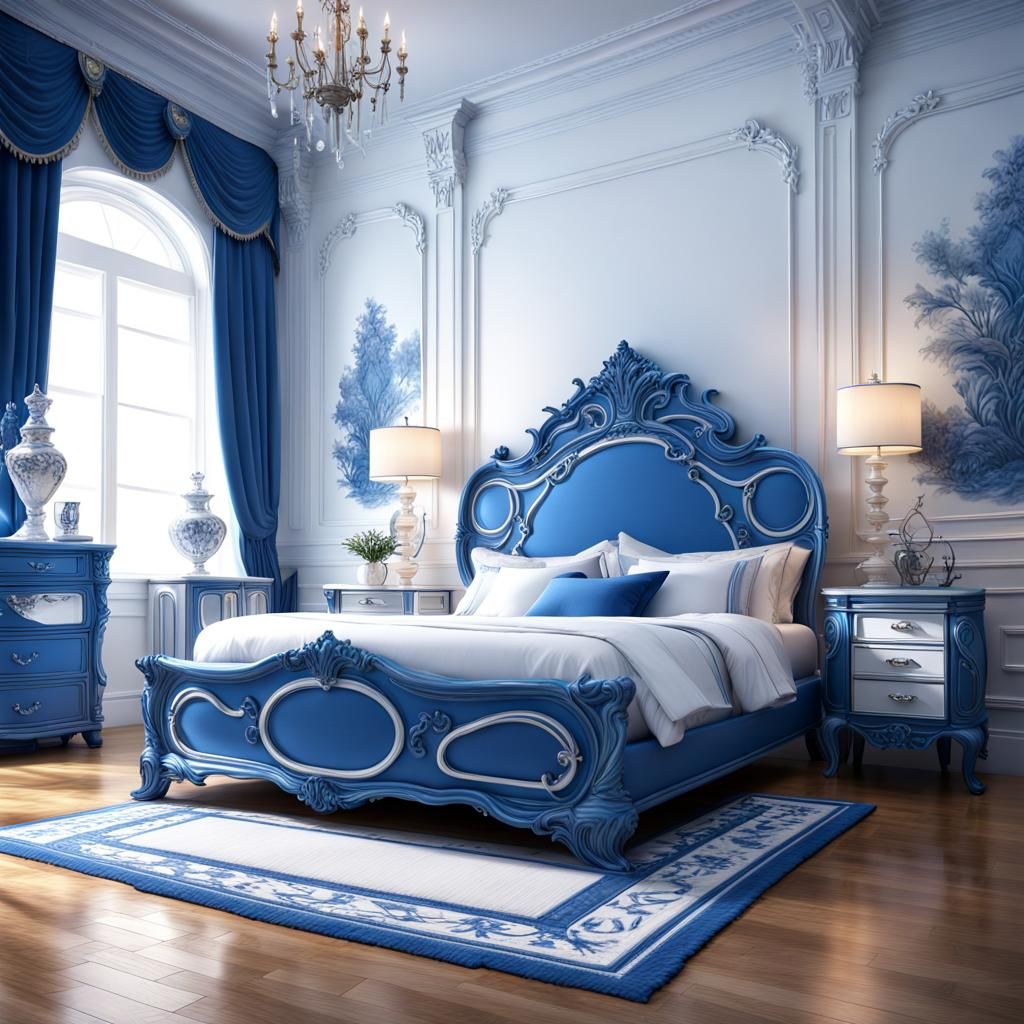 Ornate Blue and White Bedroom in Australian Tonalism