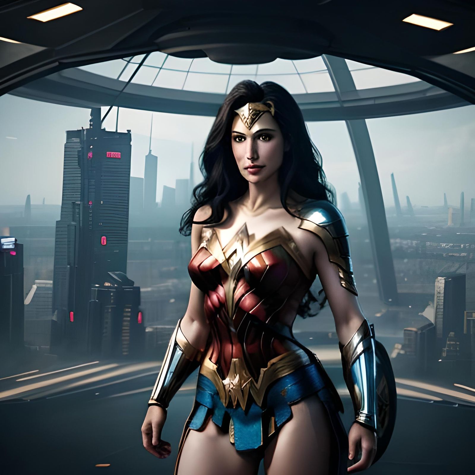 Cyberpunk Wonder Woman in Domed City