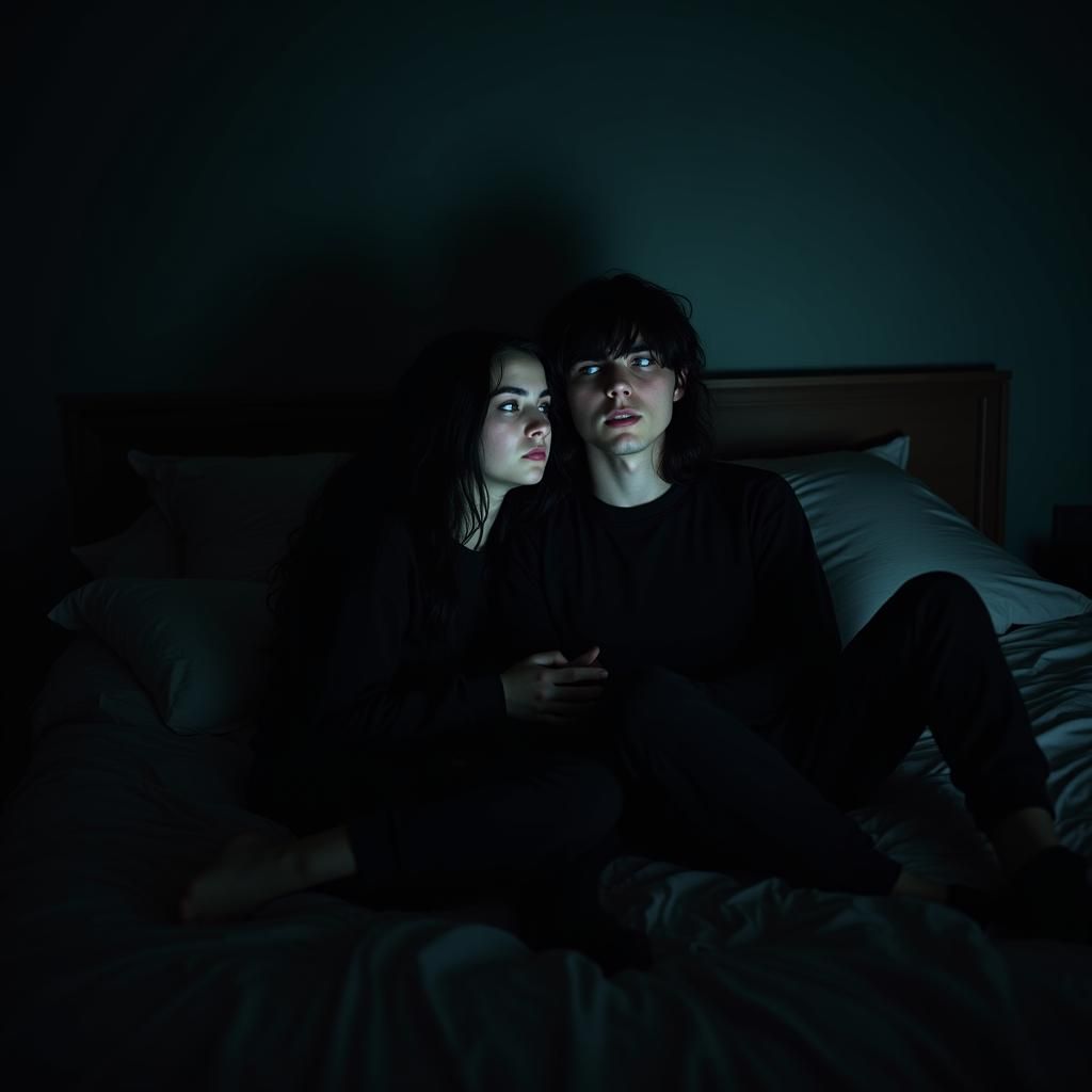 Goth Couple's Intimate Movie Night in Cinematic Lighting