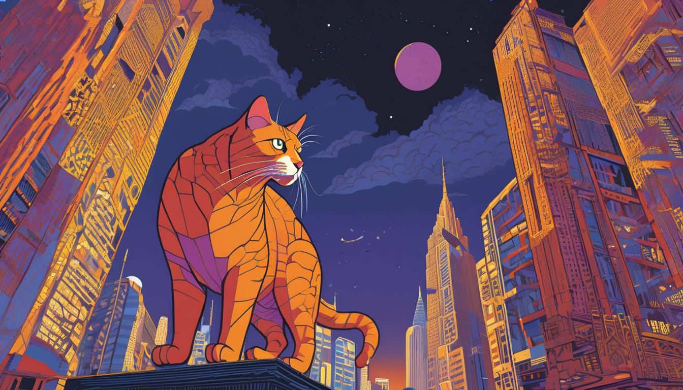 Giant Cat Over City in 16-bit Game Art