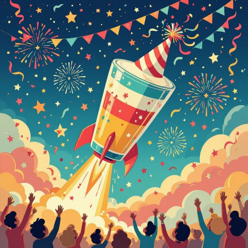 Shot Glass Rocket Launch in Vintage Cartoon Style