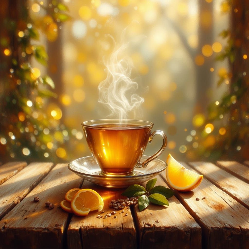 Impressionist Oil Painting of Steaming Lemon Tea