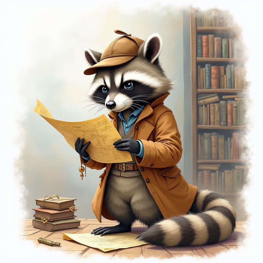 Raccoon Detective in Watercolor Library