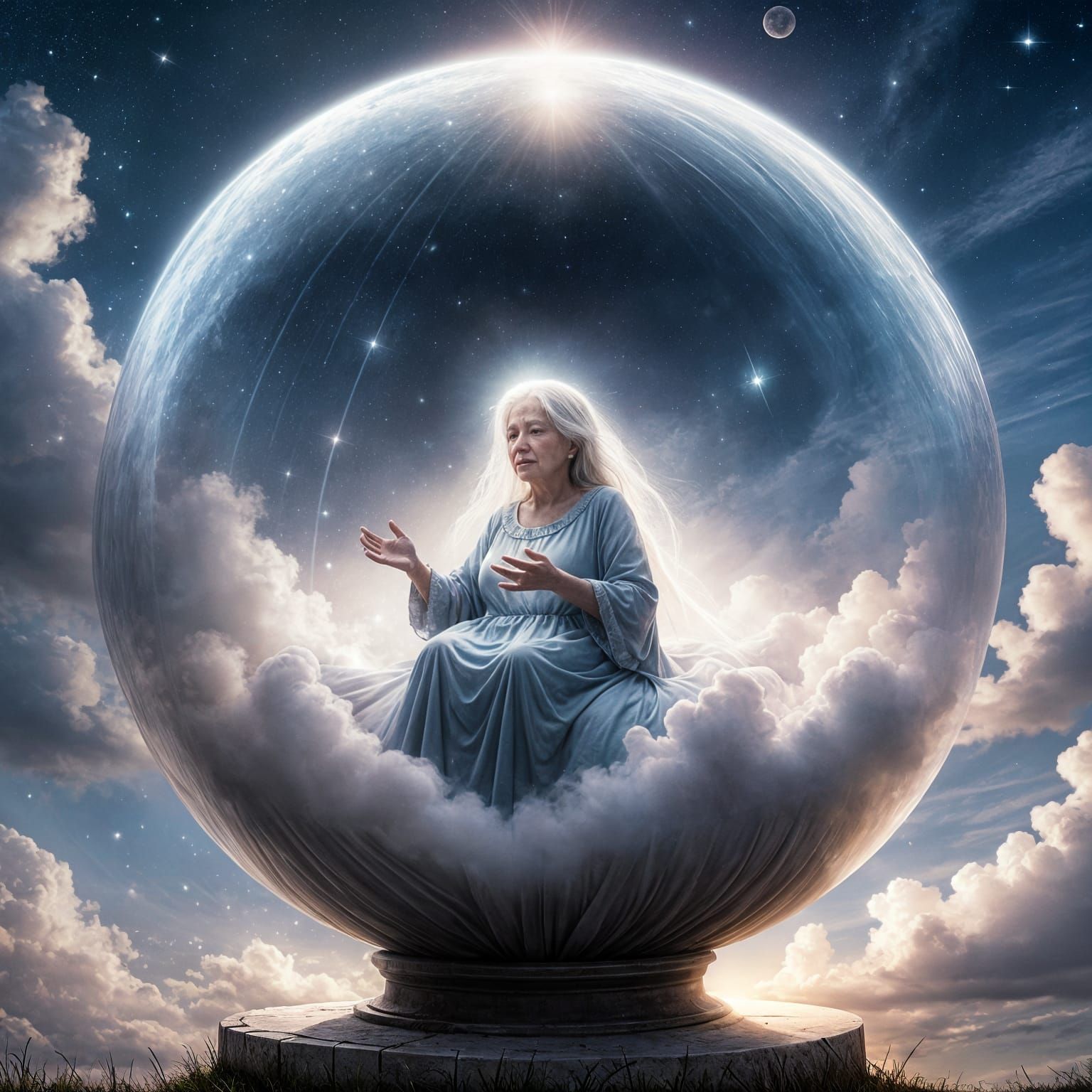 Ethereal Orb with Grandmother's Spirit in Twilight Sky