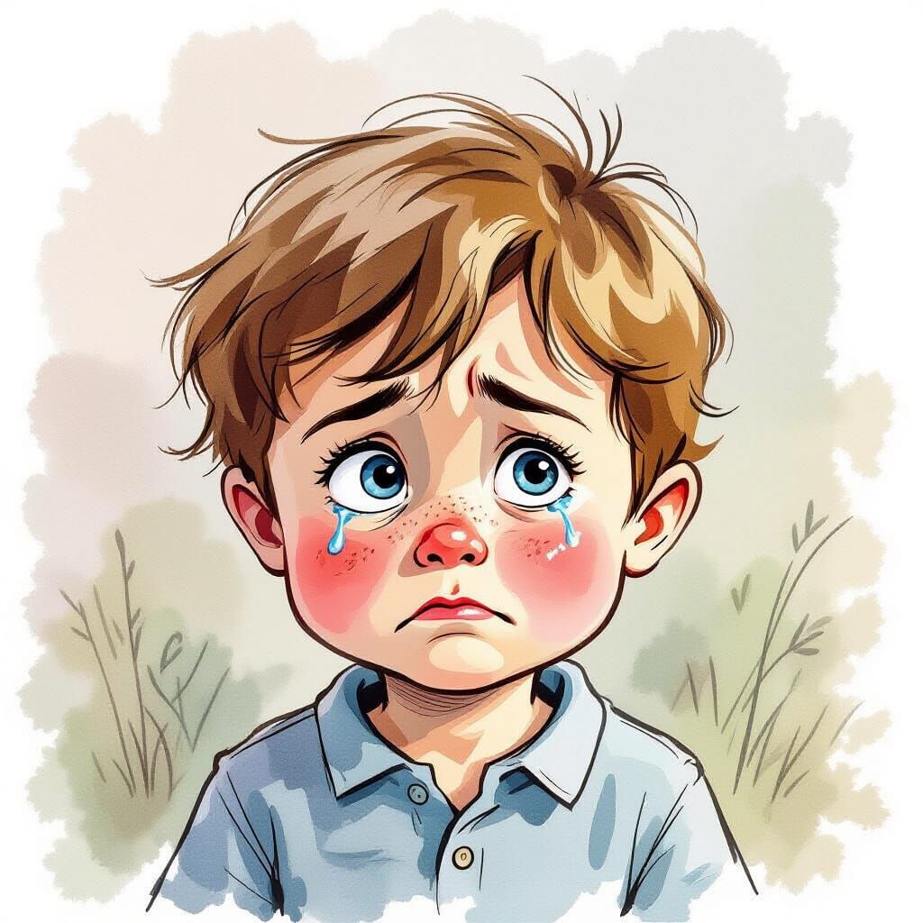 Crying Boy in Watercolor Style with Tear-Filled Eyes