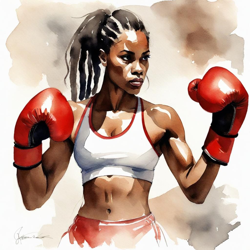 Watercolor of a Beautiful African American Female Boxer