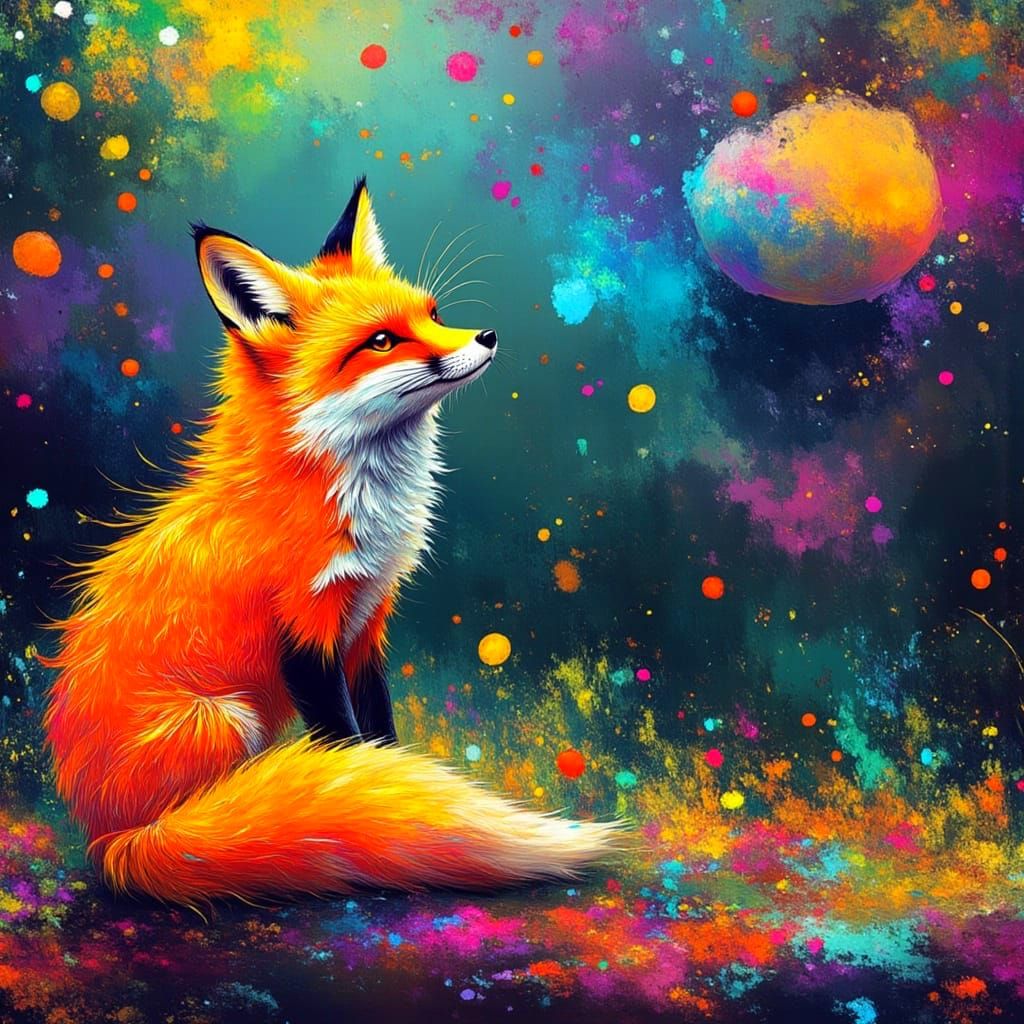 Fox Gazing at Flowing Galaxies in Mixed Media