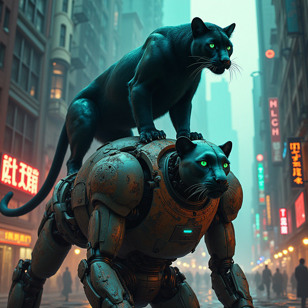 Panther and Robot in Cyberpunk Cityscape