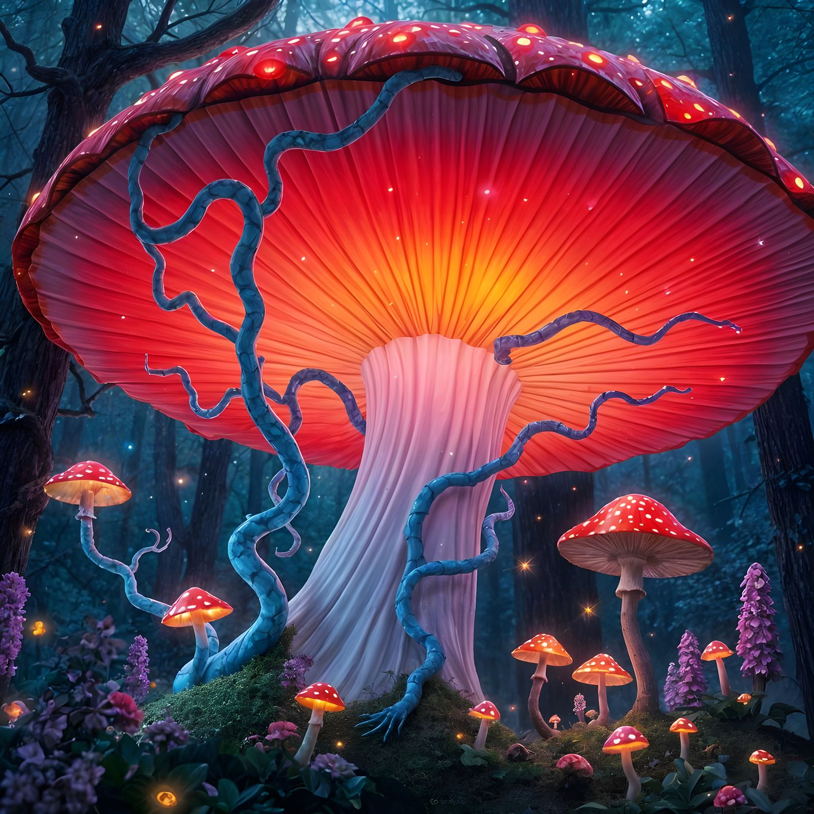 Whimsical Fantasy Mushroom Glows in Enchanted Forest