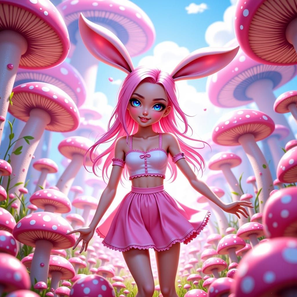 Pastel Pink Anime Girl in Whimsical Mushroom Forest