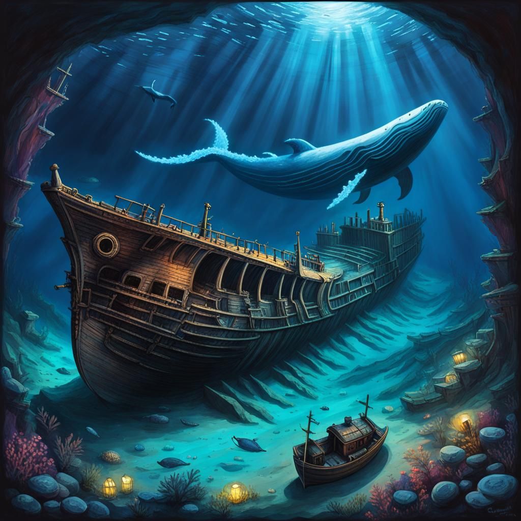 Sunken Ship and Whale in Deep Ocean Trench