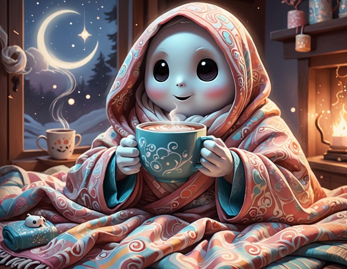 Cute Ghost Wrapped in Blanket, Cartoon Digital Art