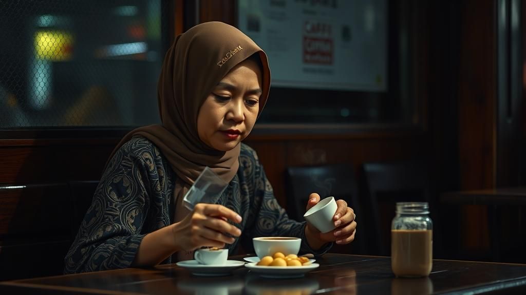 Malay Woman's Quiet Coffee Break: Cinematic Film Still