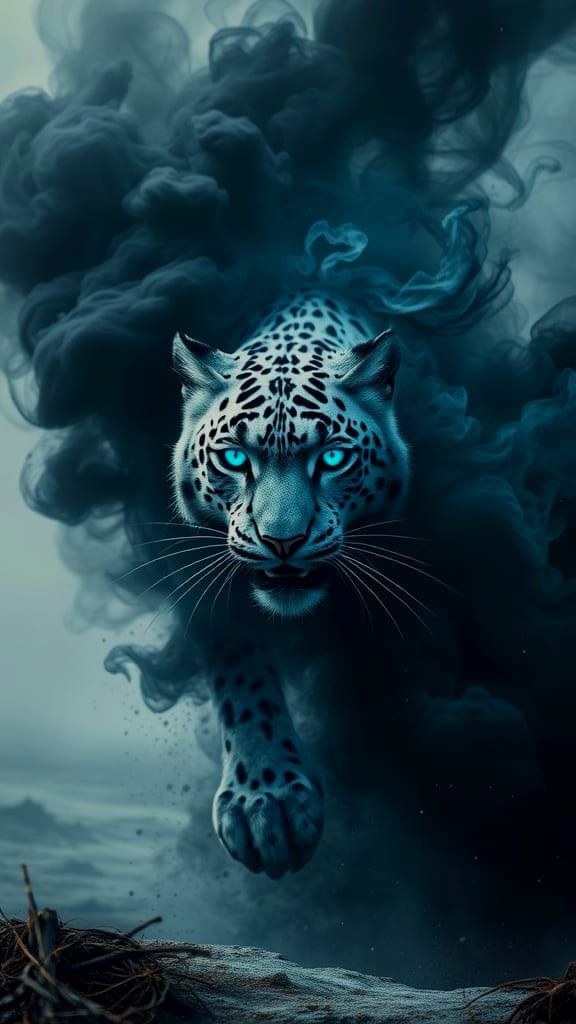 Ethereal Snow Leopard Emerges in Dark Fantasy Art