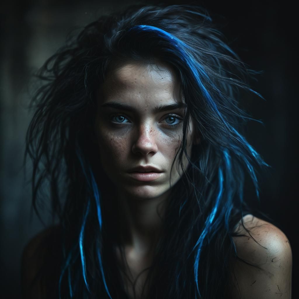 Moody Portrait of Darkhaired Woman with Blue Streak