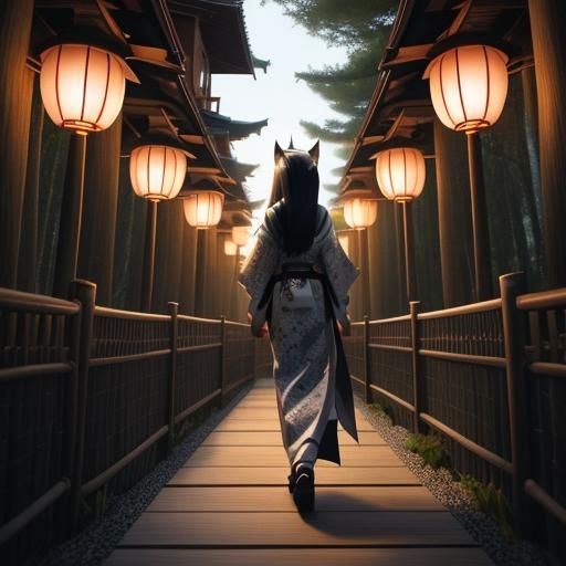 Kitsune Woman in Japanese Garden, Anime Art
