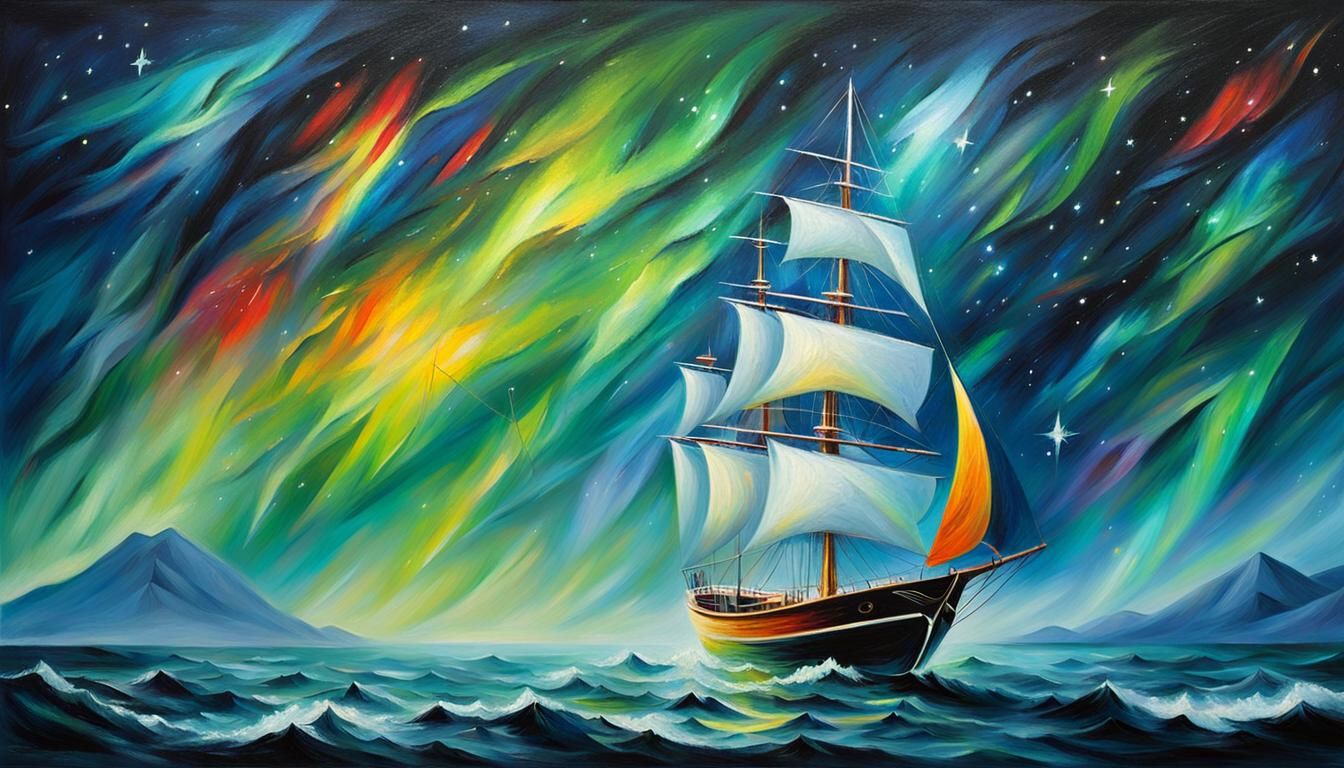 Modern Sailboat at Night with Aurora, Oil Painting