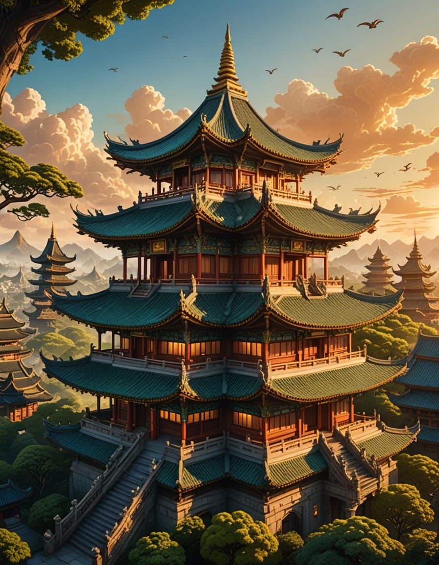 Majestic Pagoda Soars Skyward in Vibrant Golden Hour Light
