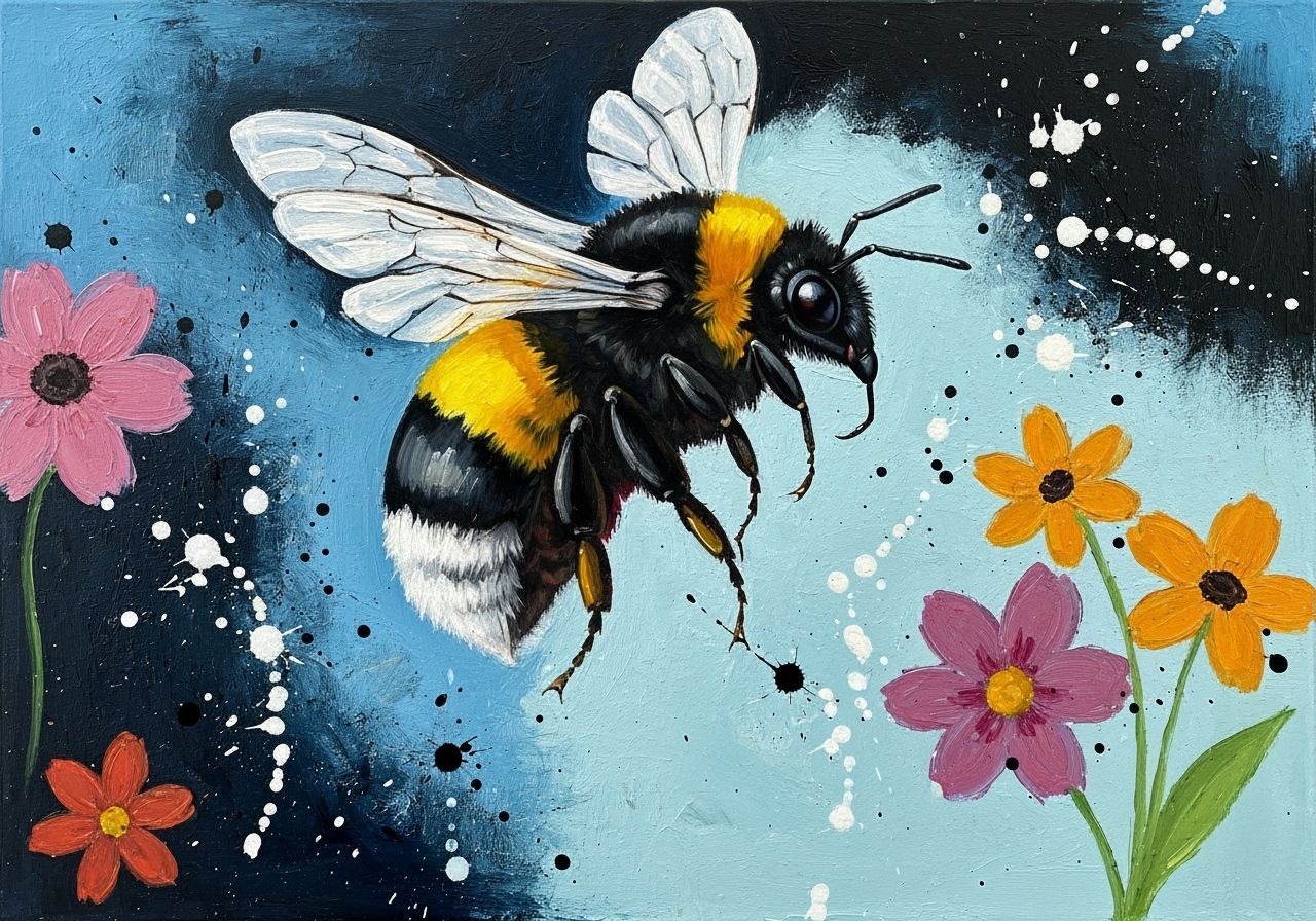 Bumblebee in Flight Amidst Flowers, Expressive Art Style