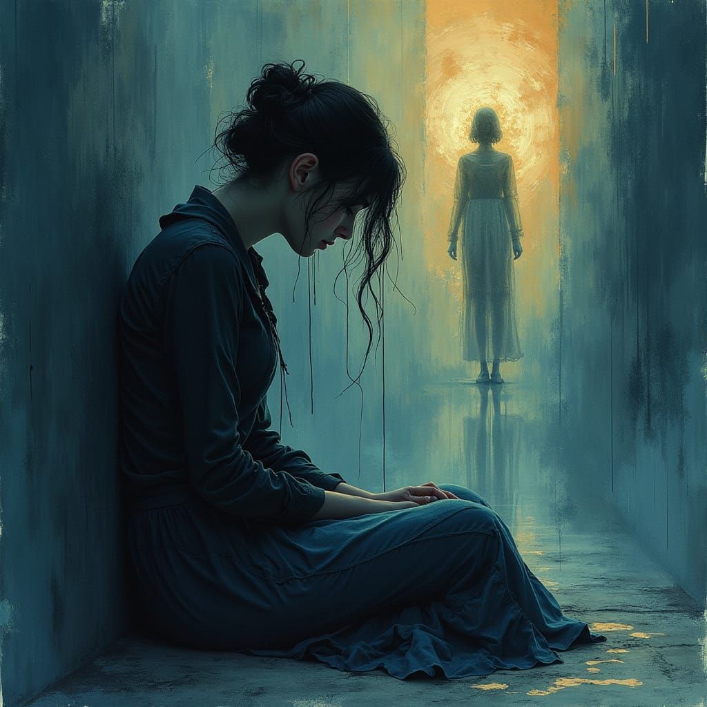 Melancholic Woman in Iridescent Hues, Alcohol Ink and Waterc...