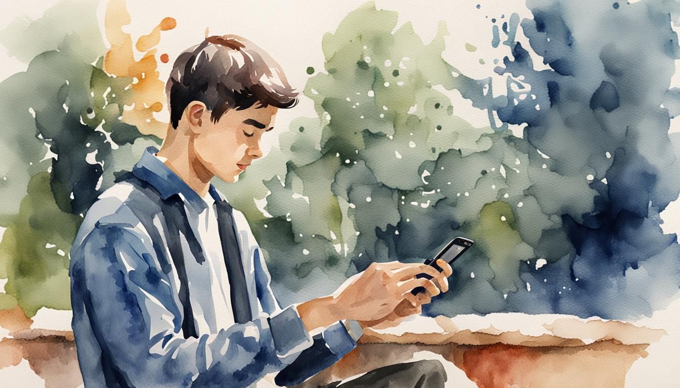 Young Man Absorbed in Phone: Watercolor Art
