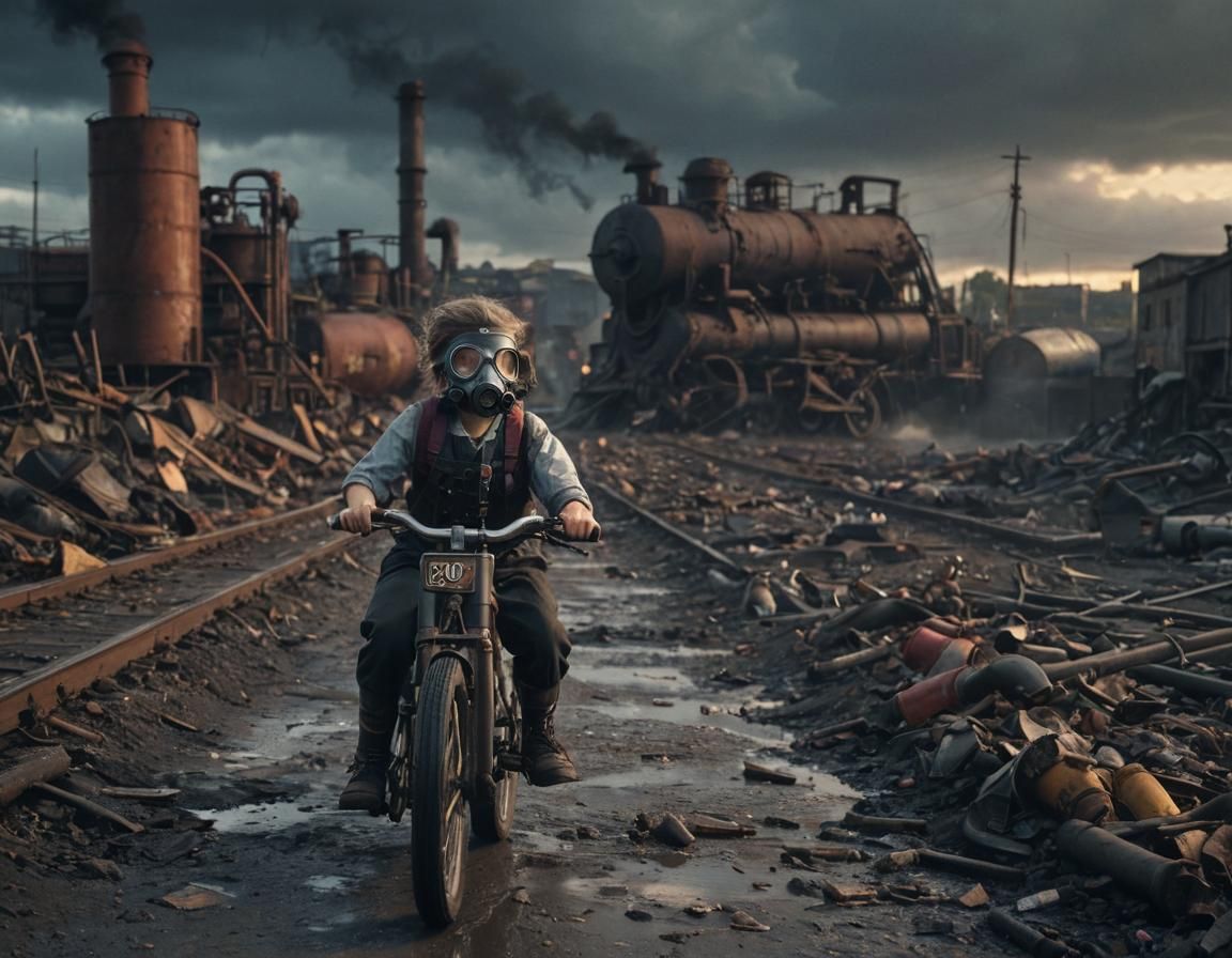 Dieselpunk Girl in Grim 1940s Factory Scene