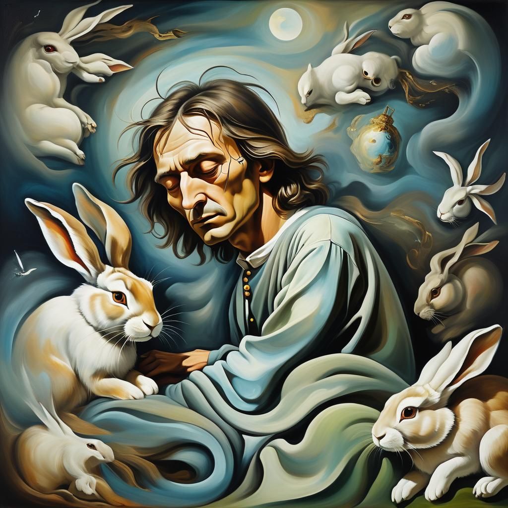 Dreaming Person with Twisted Rabbit in Surreal Style
