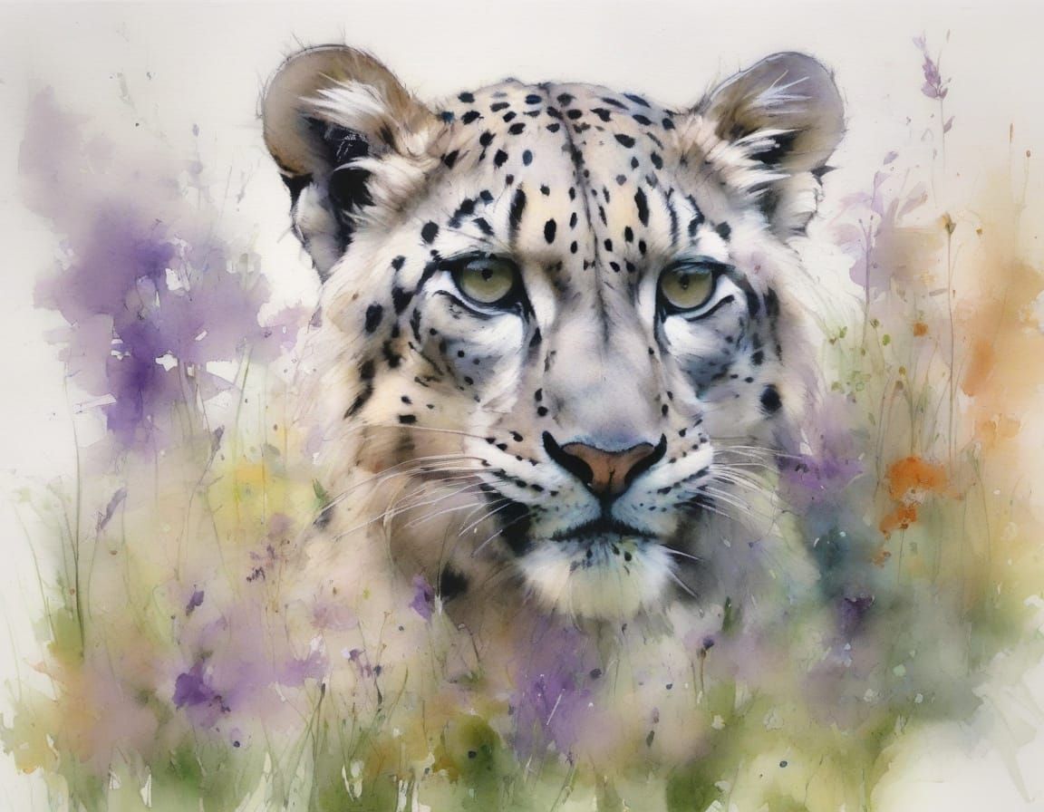 Snow Leopard Cubs in Dewy Meadow, Watercolour Painting