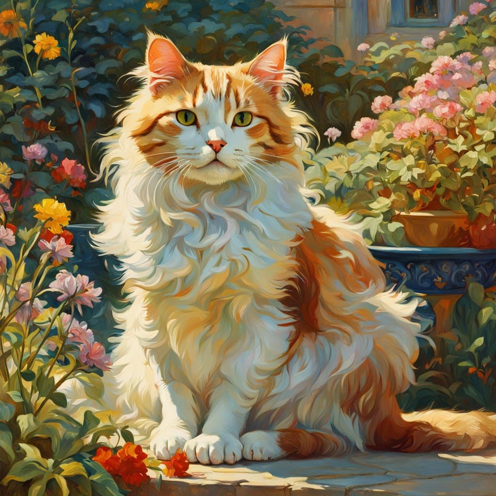 Pre-Raphaelite Cat in Sunlit Garden Splash Art