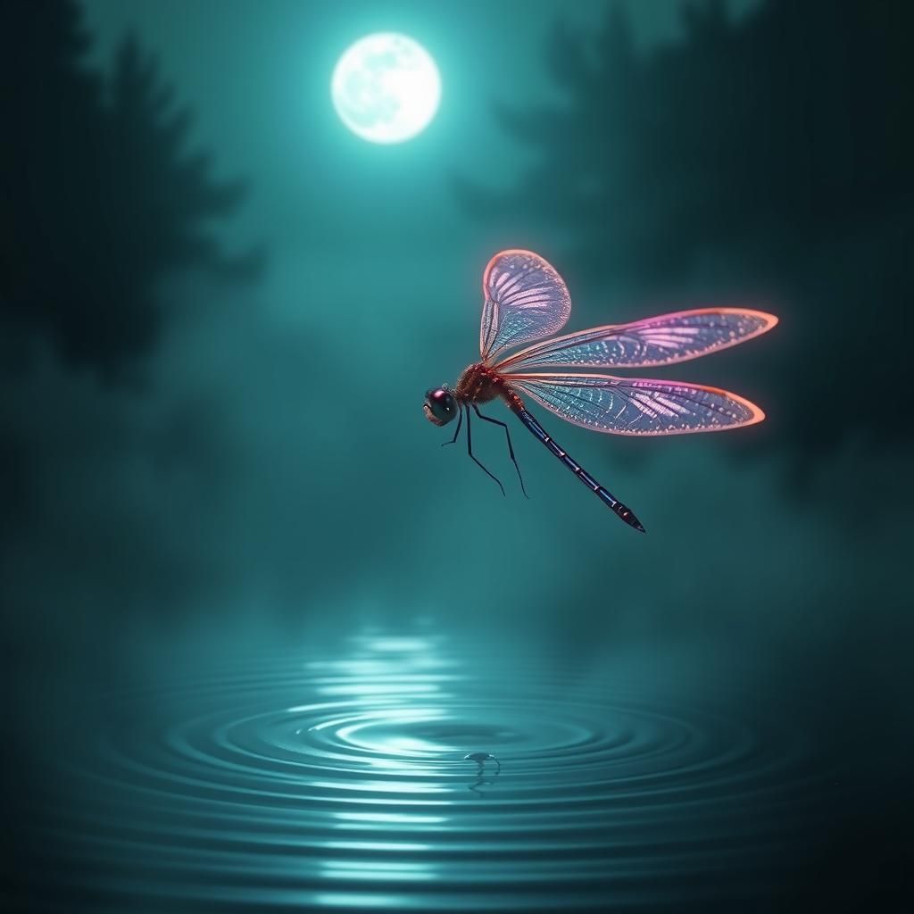 Ethereal Dragonfly over Moonlit Pond in Digital Illustration...