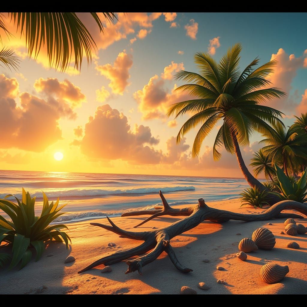 Surreal Tropical Oasis at Sunset in Fantasy Art Style