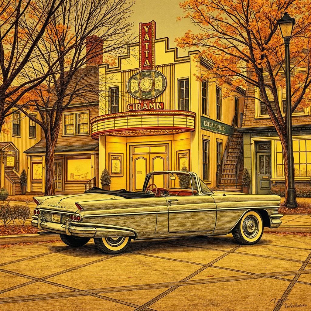 Convertible at Cinema: Pen and Ink Drawing