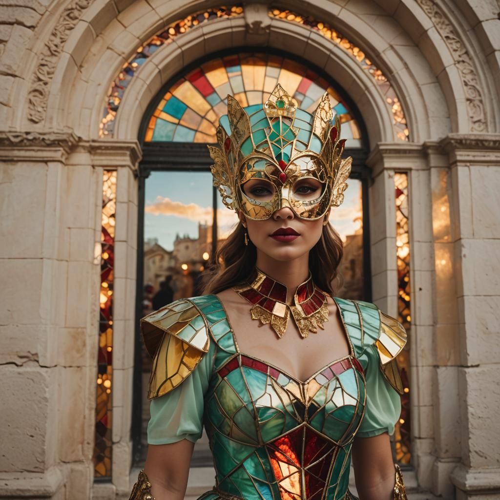 Girl in Mask and Stained Glass Dress