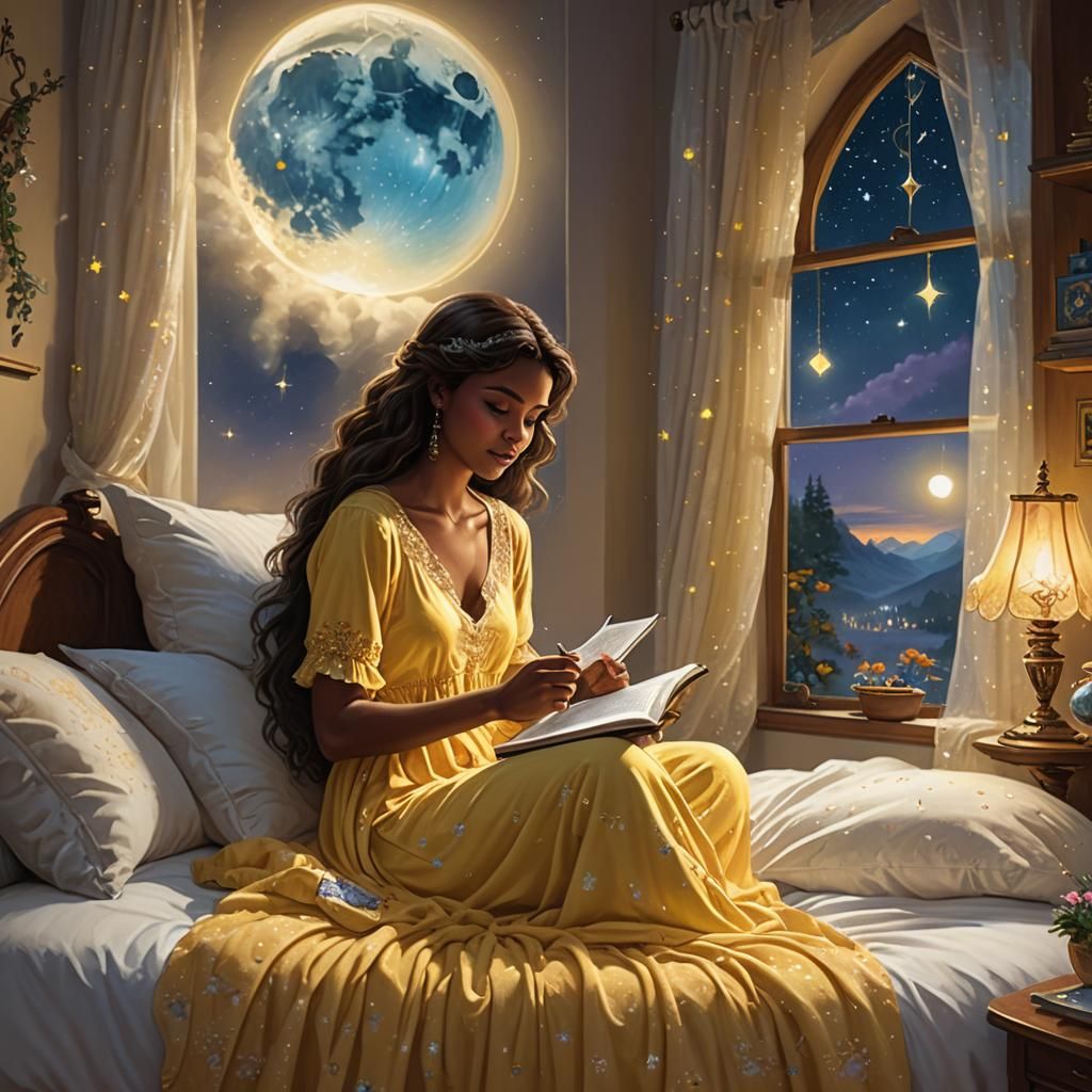 Woman Journaling at Night in Ethereal Fantasy Style