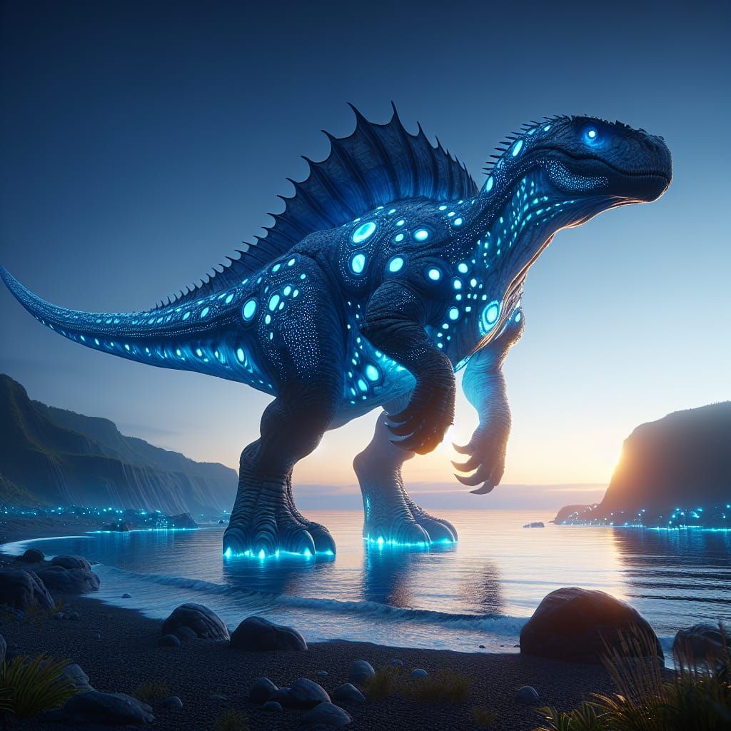 Bioluminescent Godzilla on Twilight Beach: Fantasy Concept A...