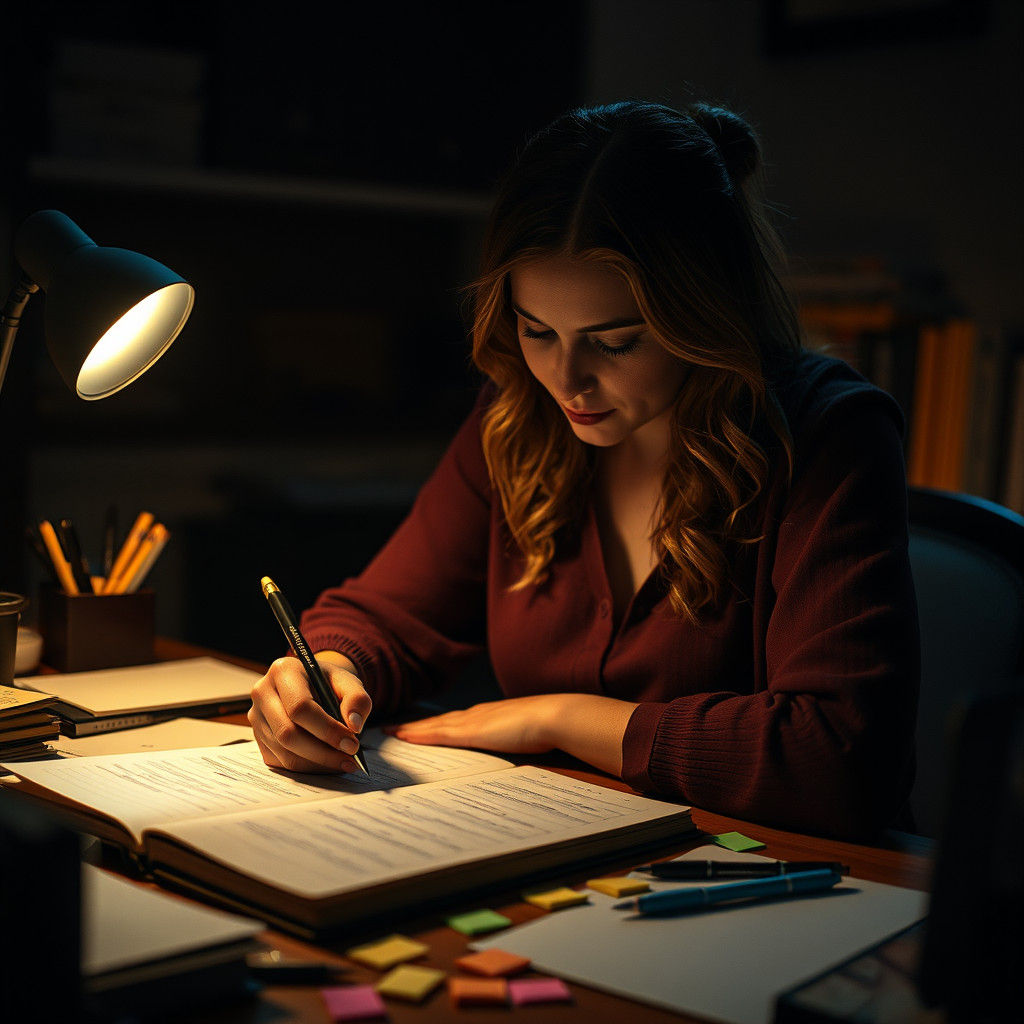 Woman Immersed in Bullet Journal, Cinematic Still