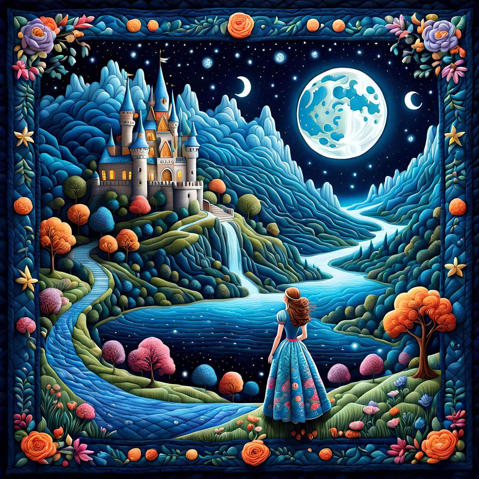 Quilted Fantasy Landscape with Princess Under Moonlight