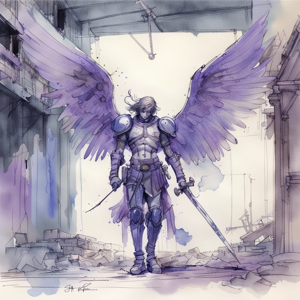 St. Michael in Dilapidated Hangar: Watercolor Sketch