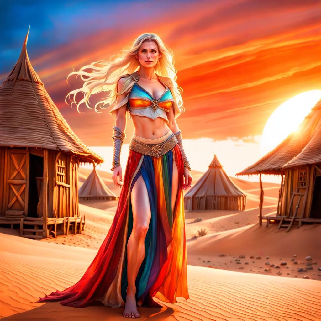 Fantasy Adventurer with Dragon in Desert Sunset