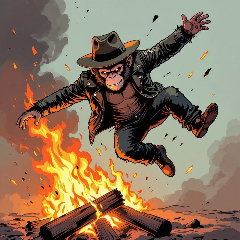 Monkey Acrobat Flips Over Bonfire in Fedora and Jacket