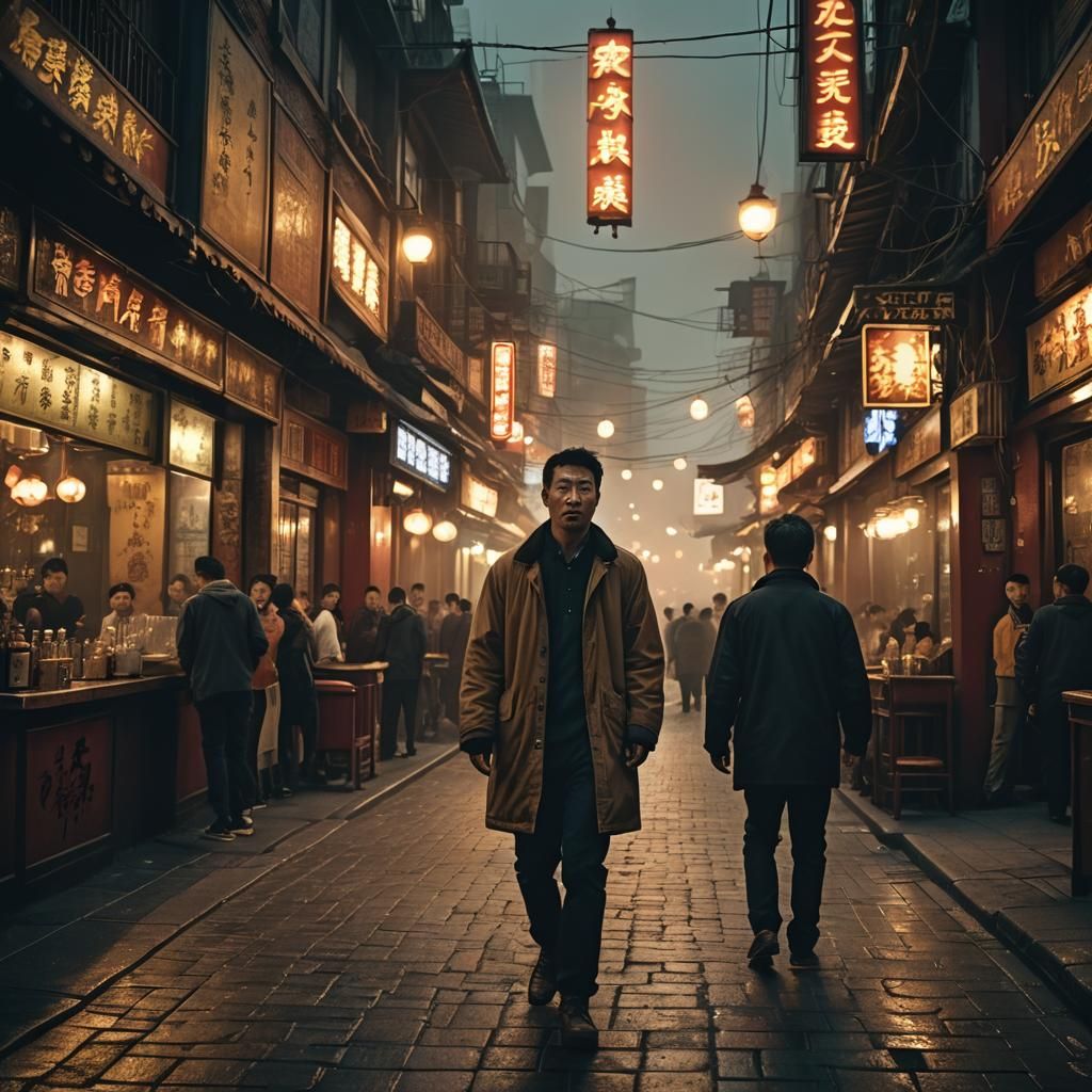 Chinese Man Walks to Crowded Bar in Cinematic Style