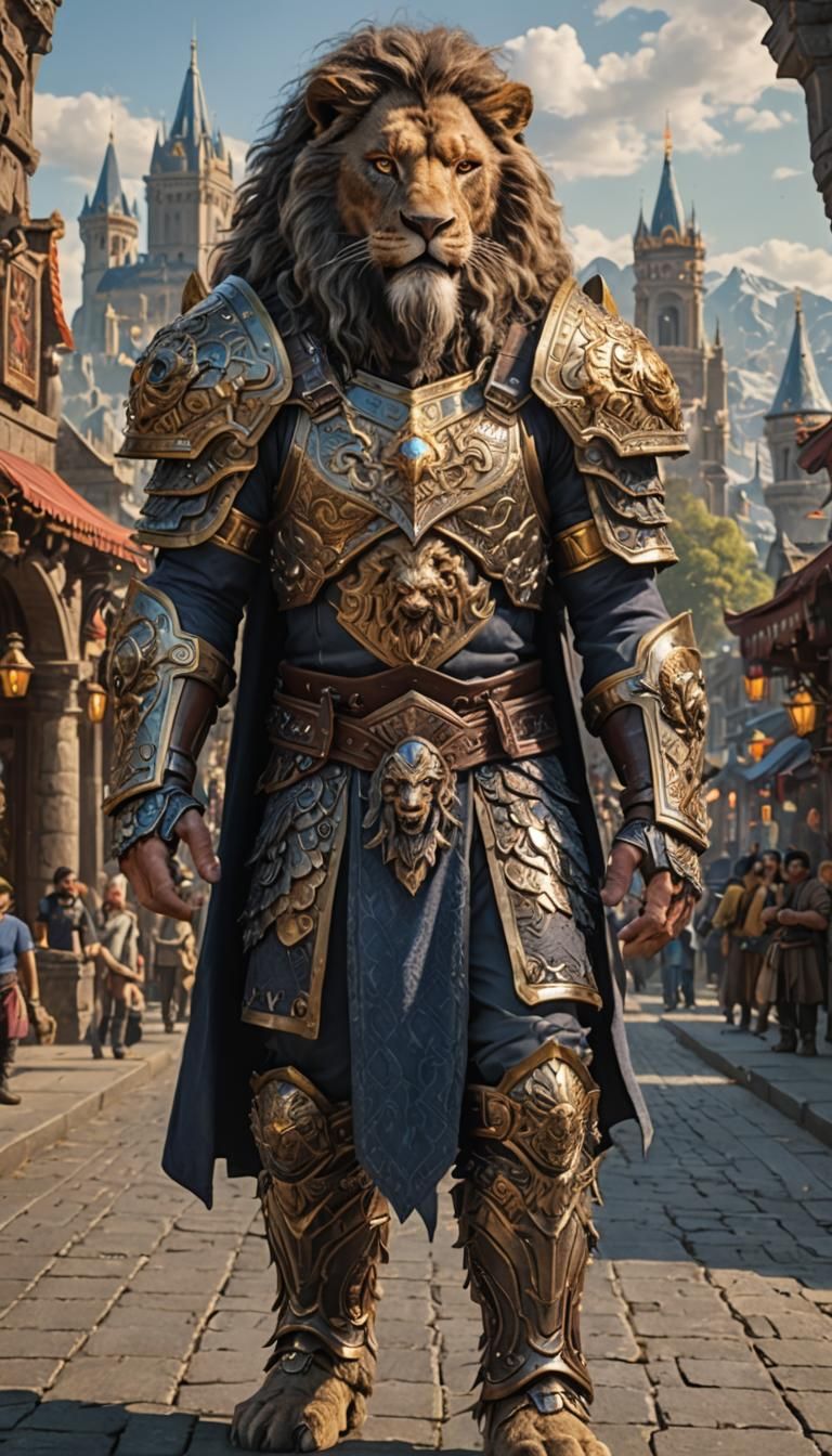 Armored Man in Warcraft Style with Fantasy City