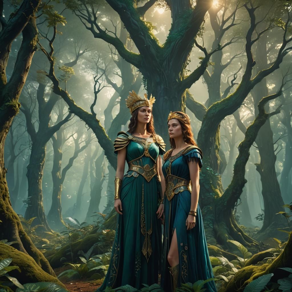 Athena and Persephone in Mystical Forest Concept Art