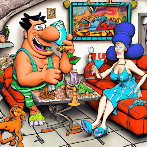Fred Flintstone having fun and drinking wine with Marge Simpson on the coach