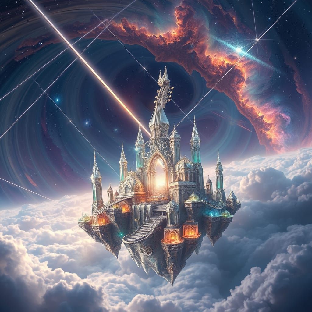 Celestial Crystal City Amidst Nebula Clouds