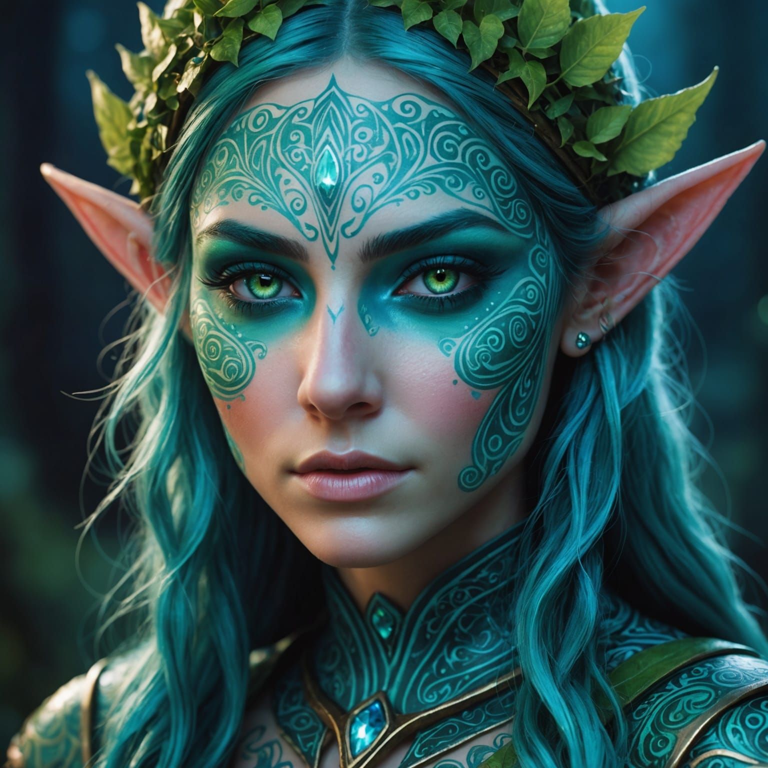 Fantasy Elf Face with Neon Tattoos and Magic Eyes
