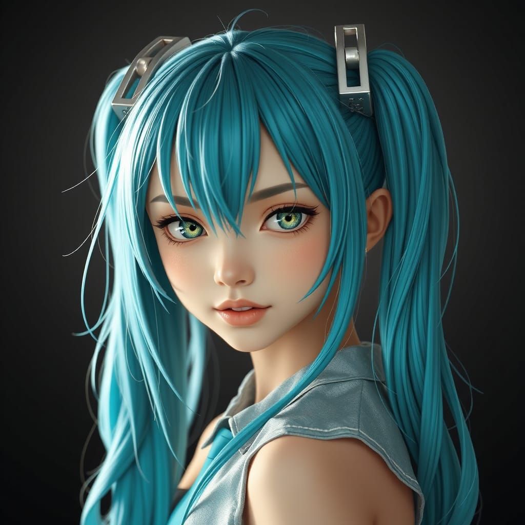 Hyper-Realistic Portrait of Hatsune Miku with Turquoise Twin...