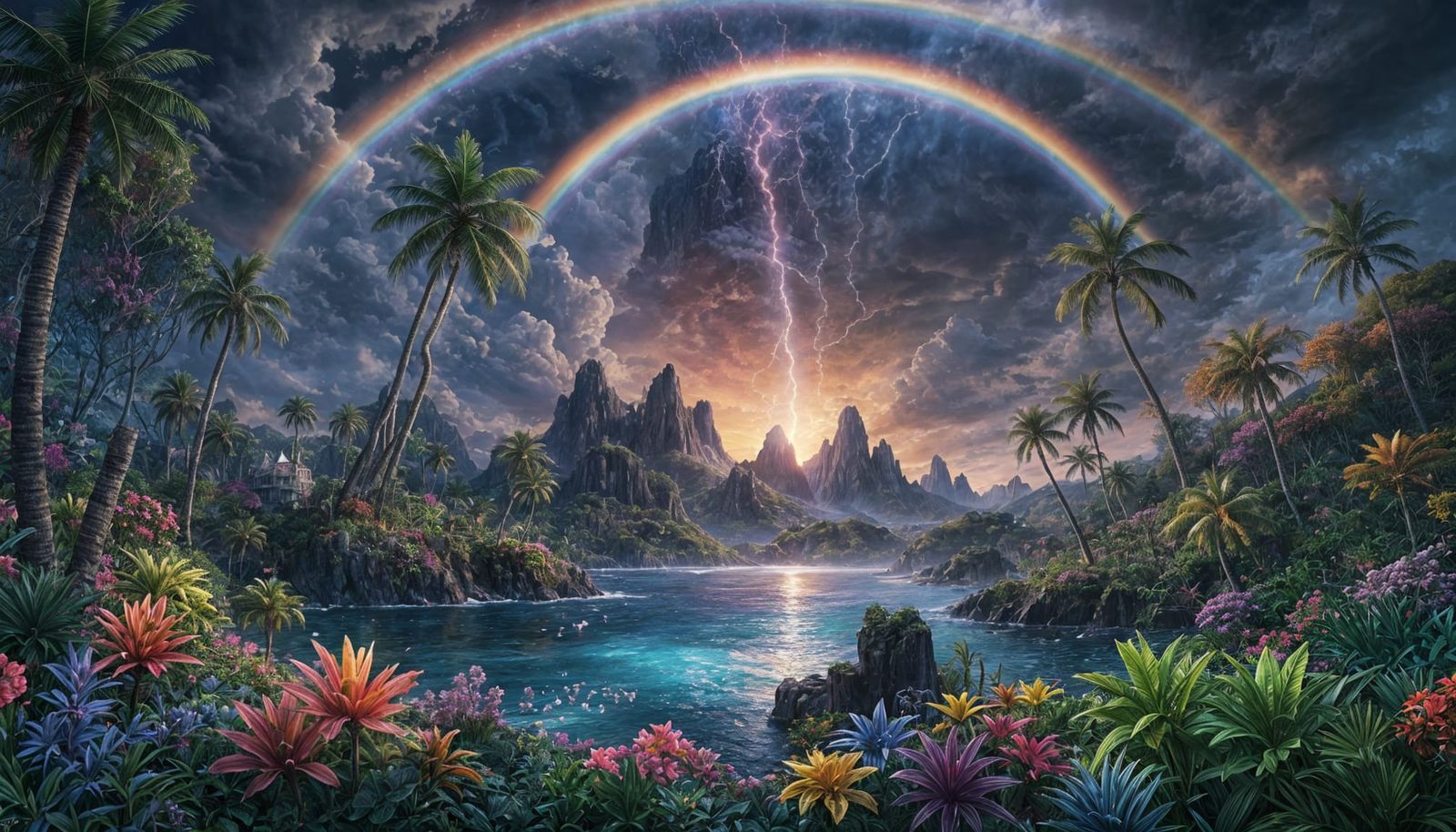 Vibrant Fantasy Island with Rainbow, Dynamic Style