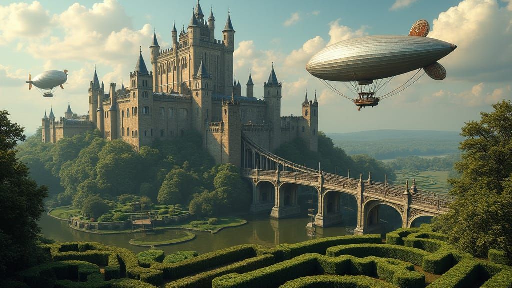 Epic Medieval Castle with Majestic Dirigibles and Hedge Maze...