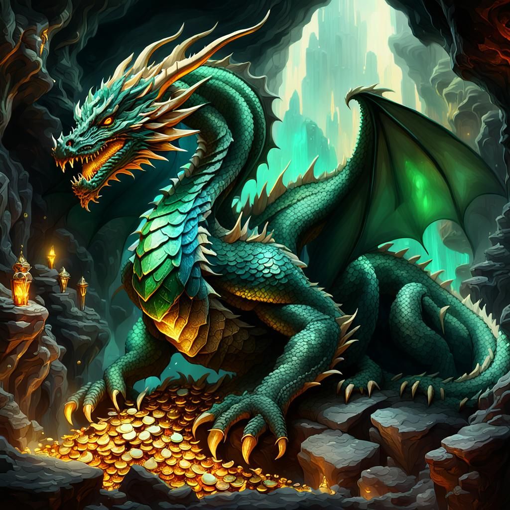Green Dragon Guarding Gold: Fantasy Concept Art